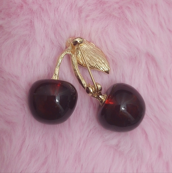 Vintage Cherry Brooch with Green Leaf Accent - Picture 3 of 3